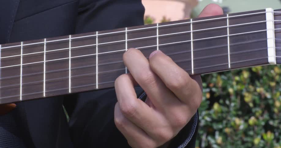 A person in a suit jacket plays a guitar outdoors in front of a building during the day