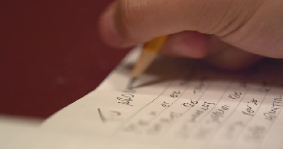 A person with a pencil writing on a notebook