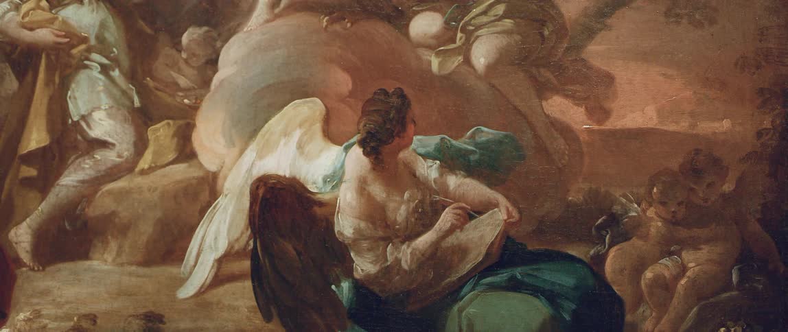 The old painting has a gold colored frame