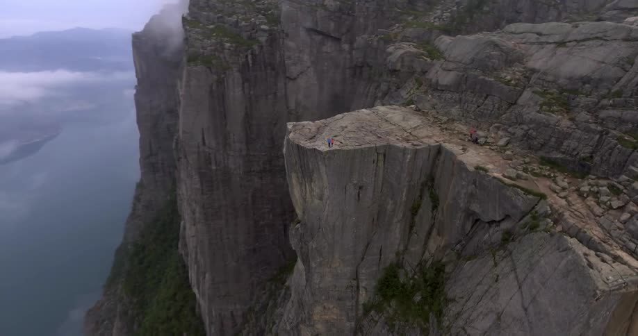 Aerial view of two people near the edge of a steep cliff