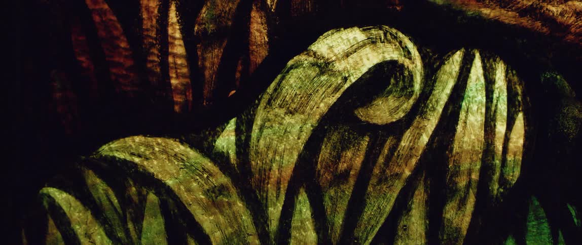 A close up view of a painting is displayed