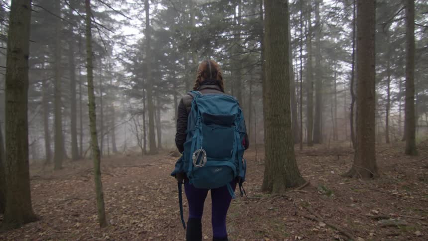 A woman with braids and a backpack walks through a forest during an overcast and foggy day