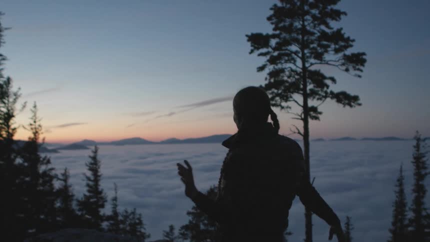 A woman dancing in the woods with trees, a mountain range, the sky and clouds in the background