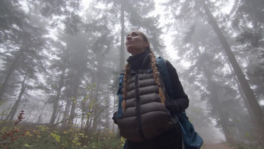 A woman with braids and wearing a backpack stands in the middle of a forest in misty weather