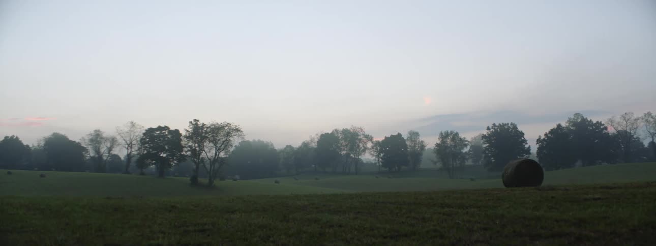 A wide field containing rolls of hay in the countryside during the evening