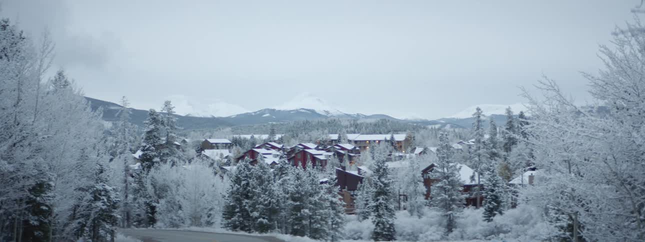 A layer of snow covers trees and rooftops in a neighborhood below a mountain range