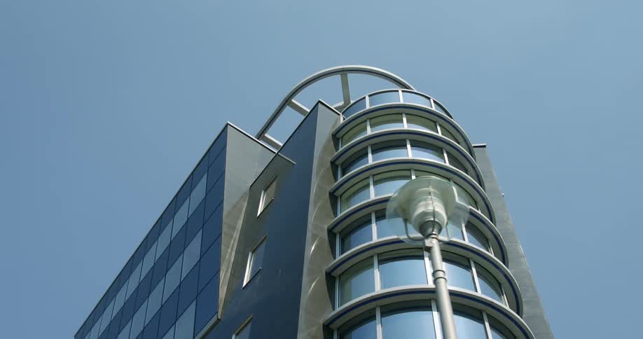 A shot looking up at a skyscraper