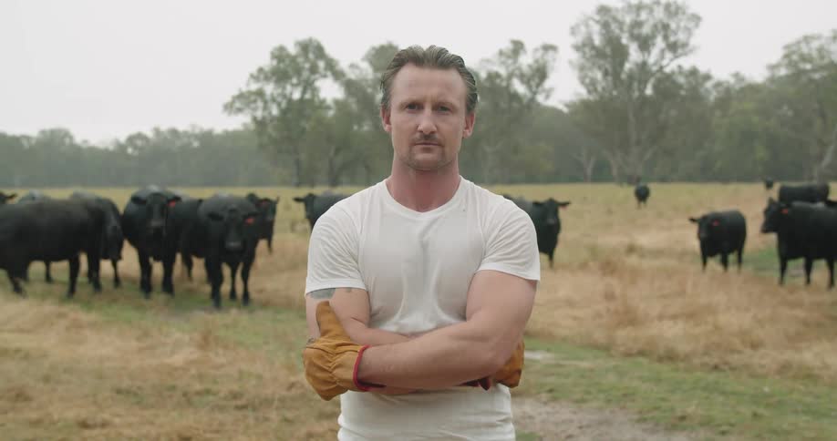 Man crosses his arms staring at the camera while standing outside in front of a herd of cows in a field at daytime