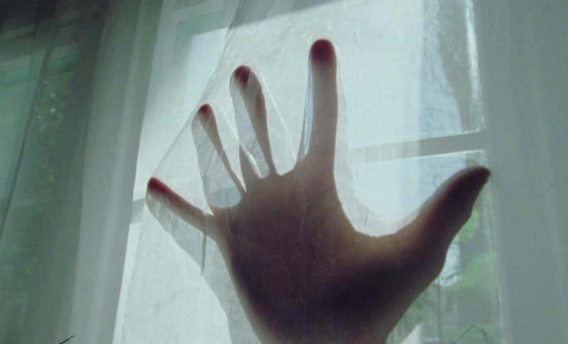 Sunlight shines through a window onto the back of an outstretched hand pressing against the window curtain from the back