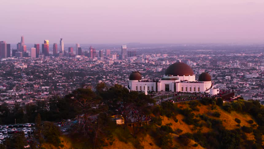 Aerial view of Griffith Observatory with Downtown Los Angeles in the background