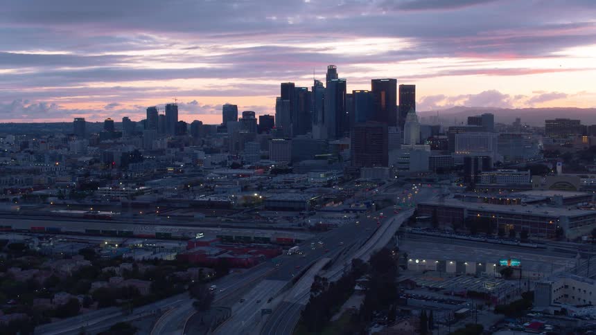 Aerial shot of a city at dusk
