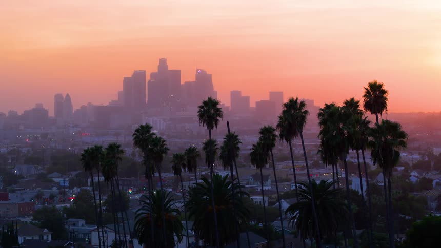 Aerial shot of downtown Los Angeles at sunset