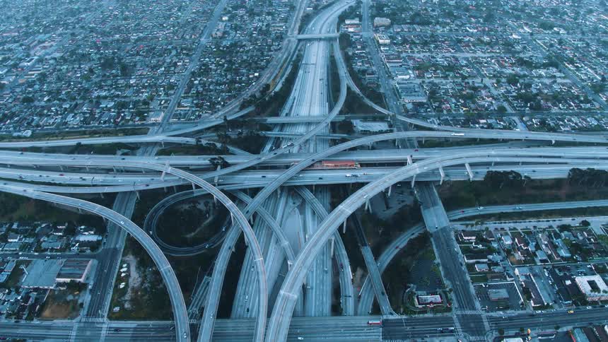 Aerial view of the Los Angeles 110 freeway interchange
