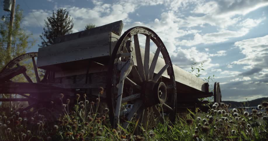 A wide shot of an old wagon left abandoned