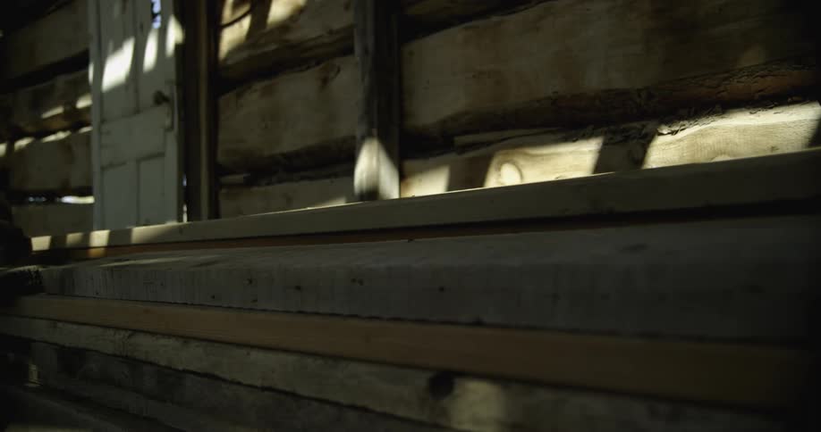 Inside a wooden cabin with sunlight and a door in the background