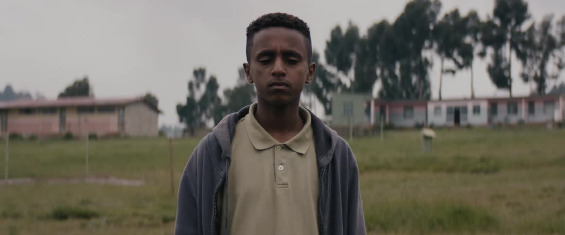 A boy stands in a field in a neighborhood and looks off in to the distance