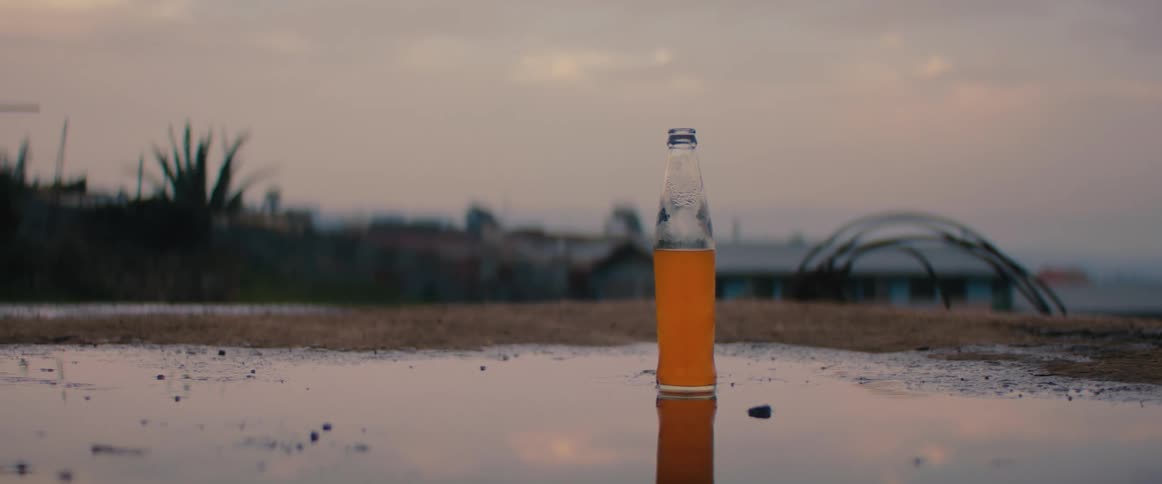 A soda bottle is outside at dusk
