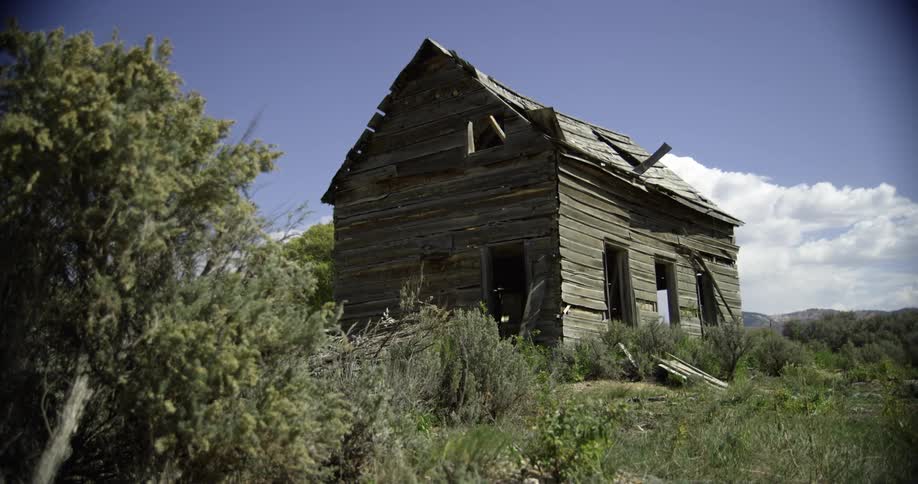 A run down wooden shack with holes in the ceiling and no windows or doors sits alone in a field