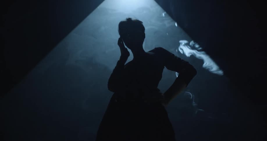 A model standing under a spotlight
