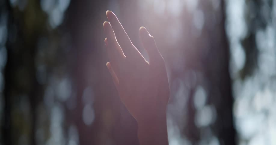 A woman holds her hand upwards into the air while standing in the direct sunlight