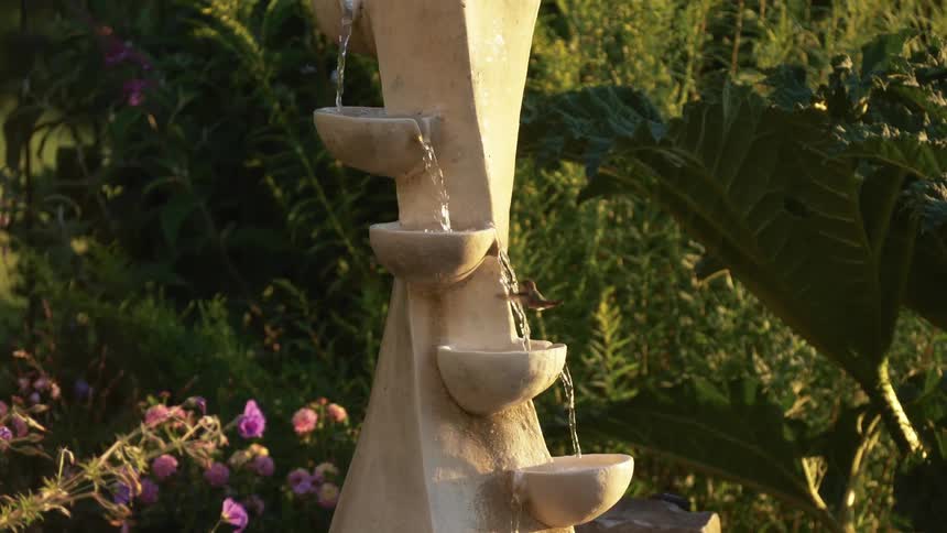 A bird drinks from a fountain in a park