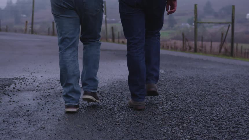 Two men walking down a road next to a vineyard outdoors on a rainy day