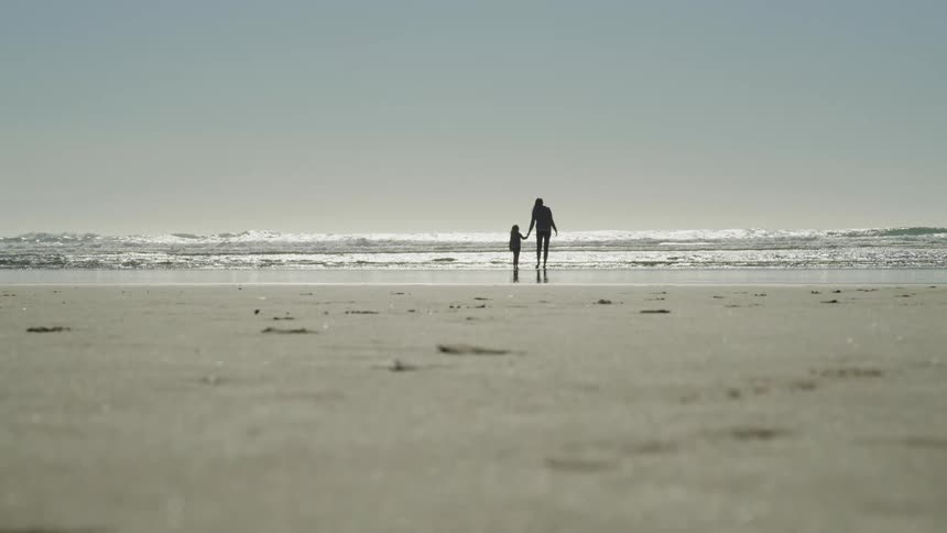 A silhouette of a woman and child at a beach