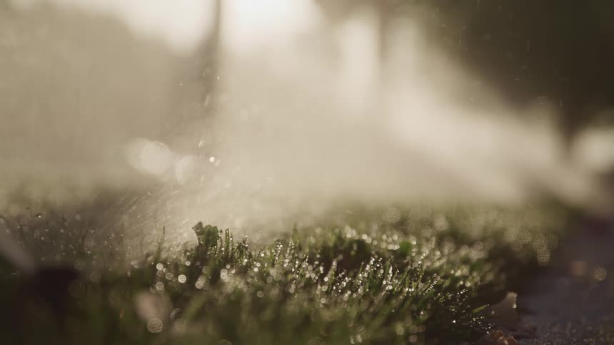 Close up of a sprinkler system showering the short grass