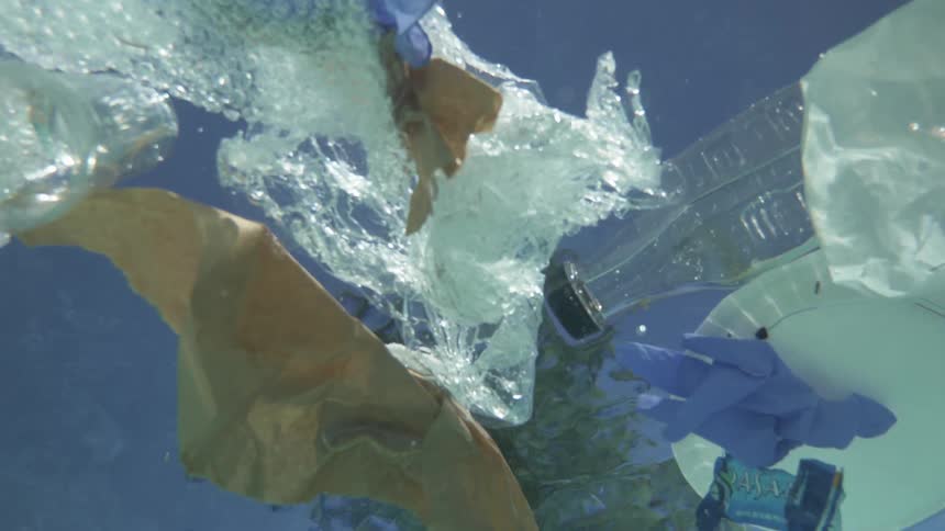 Bubble wrap and an empty plastic bottle are among trash floating in a pool