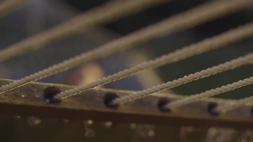 Row of ropes attached tightly to a piece of wood with holes