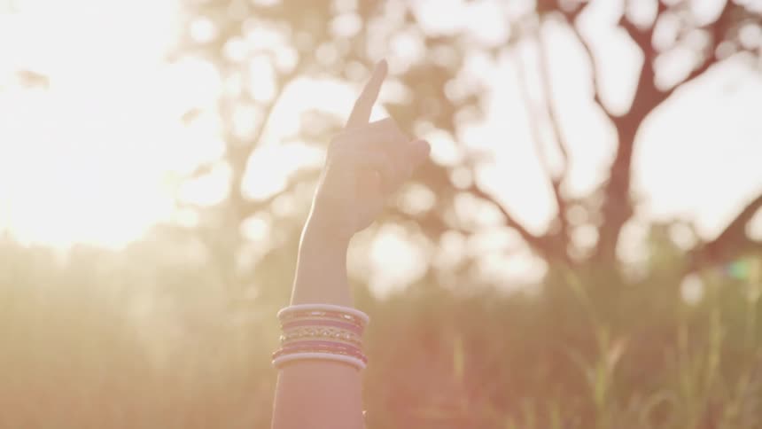 A hand points upward while the sun shines on it and the trees and grass near it