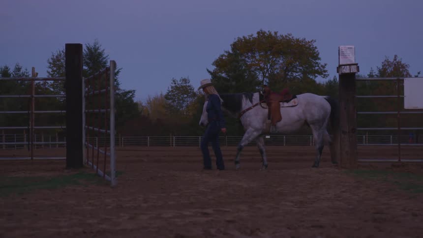 A person wearing a cowboy hat walks a white horse in a corral at dusk