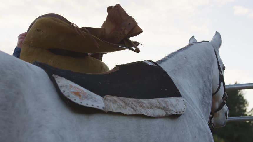 A saddle is being placed on a horse outdoors