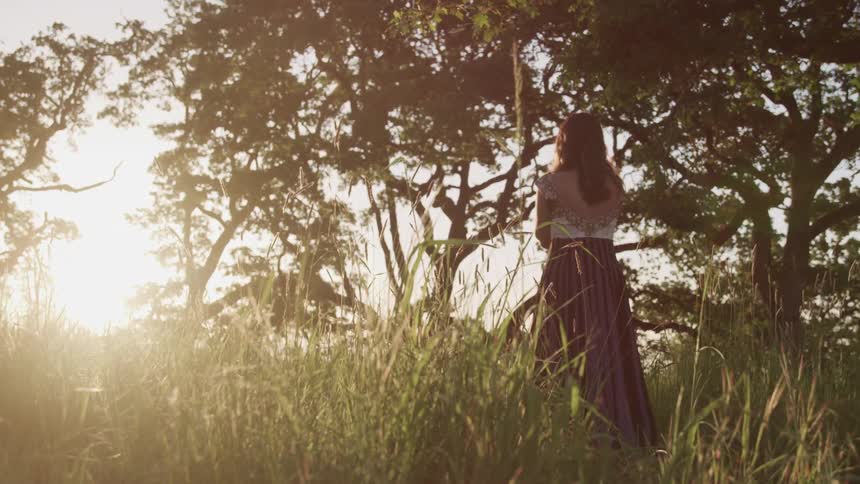 A woman wearing a long dress with open back stands in the grass and looks out through the trees