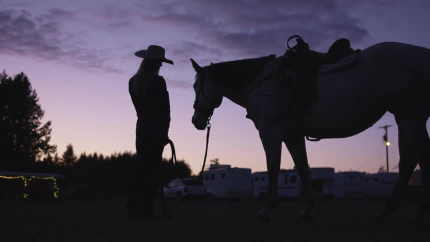 A woman is standing by a horse outdoors at dusk