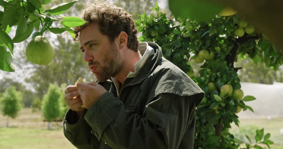 A man wearing a green jacket eats fruit while standing near a fruit tree outdoors