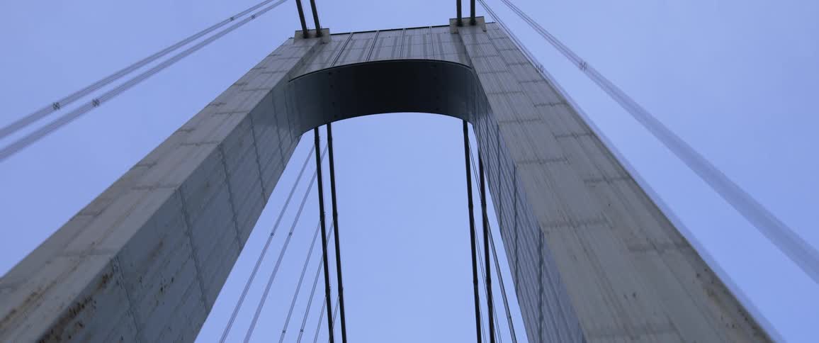 A bridge support looms overhead supported by suspension cables