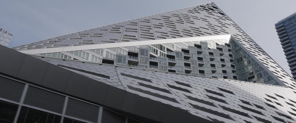 Buildings are displayed in a city