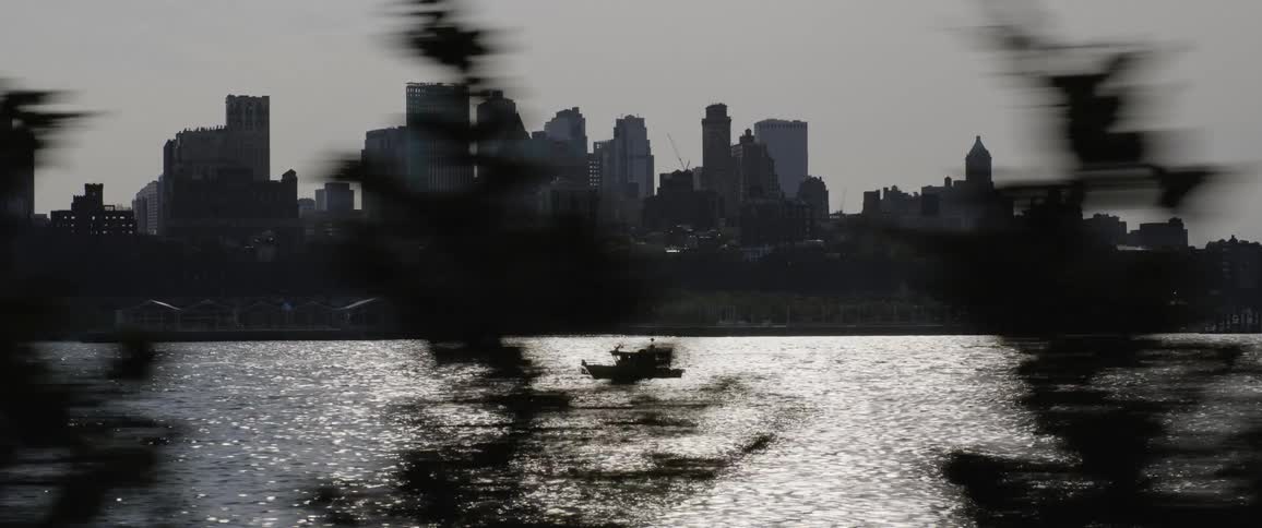 A boat on the water behind trees and in front of a city skyline on a sunny day