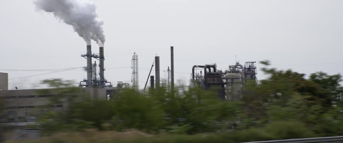 A panning shot of an industrial area