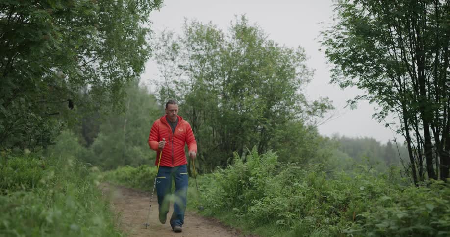 A man hikes on a trail through a forest with walking sticks