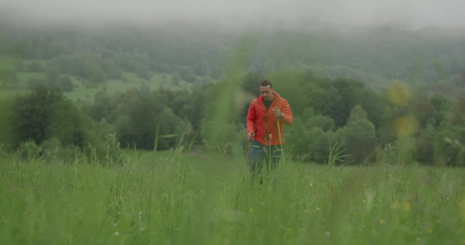 Man uses walking sticks while hiking through the green grass field near the forest in the mountains