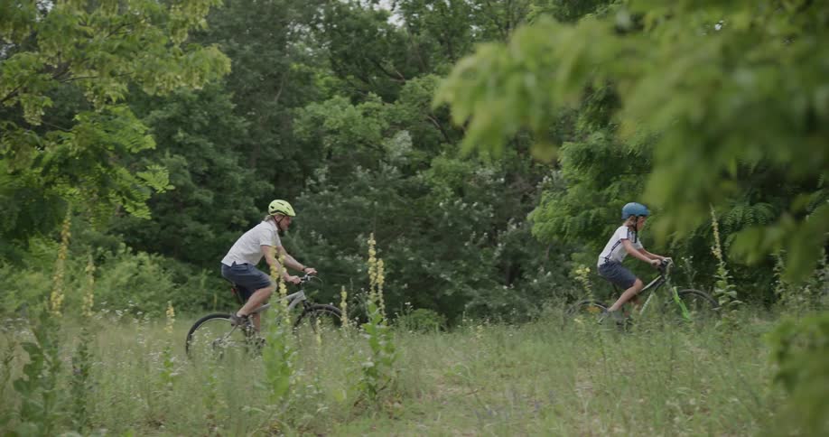 People are riding their mountain bikes in the forest
