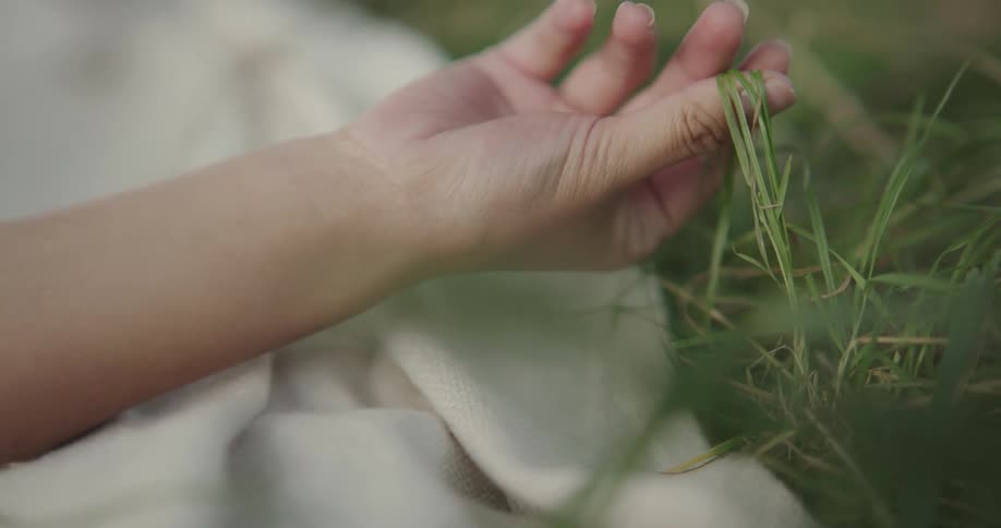 Hand of a woman laying on a blanket on the ground touching blades of green grass