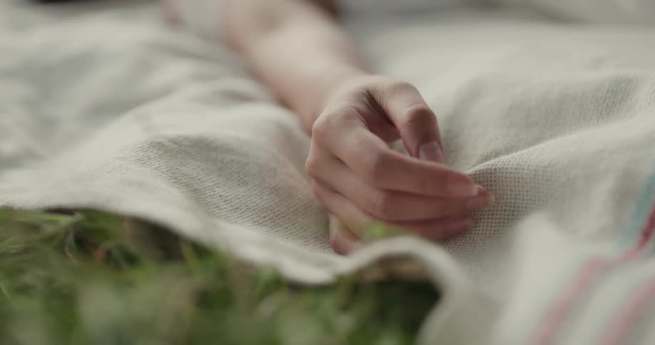 Hand of a young woman laying on a blanket over the grass