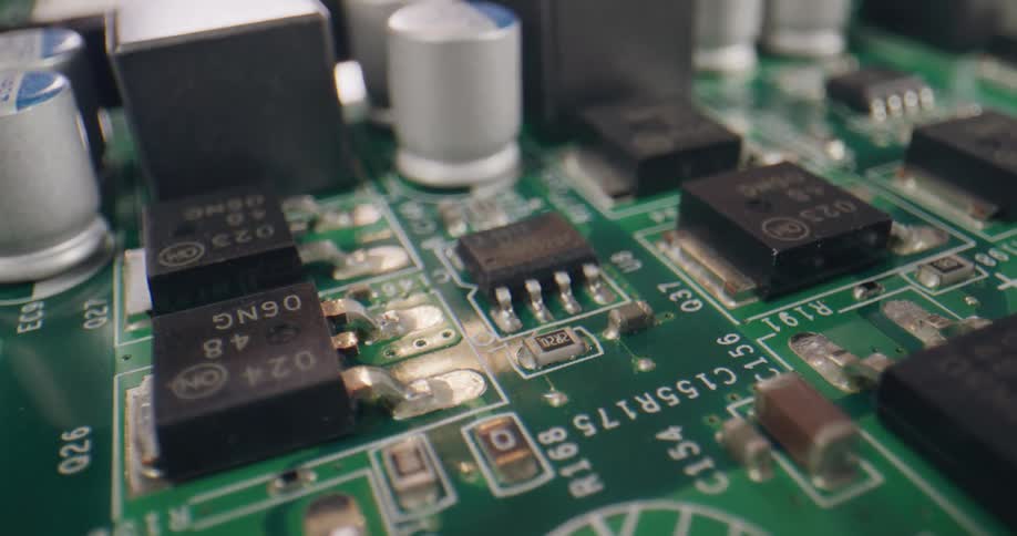 The computer board is covered with chips
