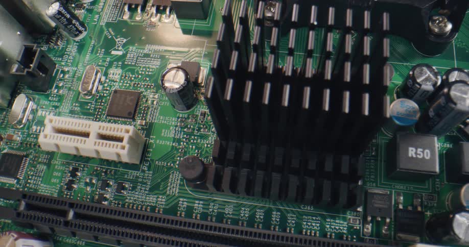Close up of a mother board with all the parts