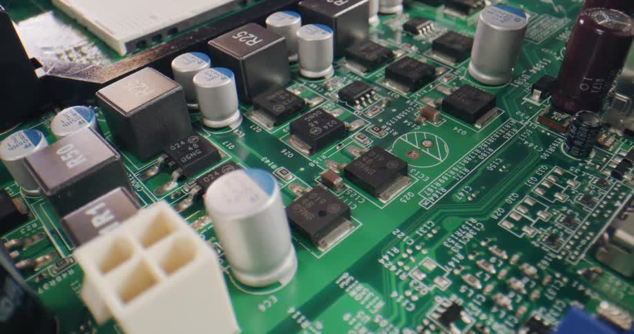 Close up of a mother board and the parts on it