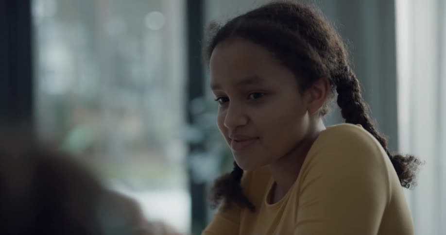 Young girl sitting at a table indoors at home studying and discussing class work