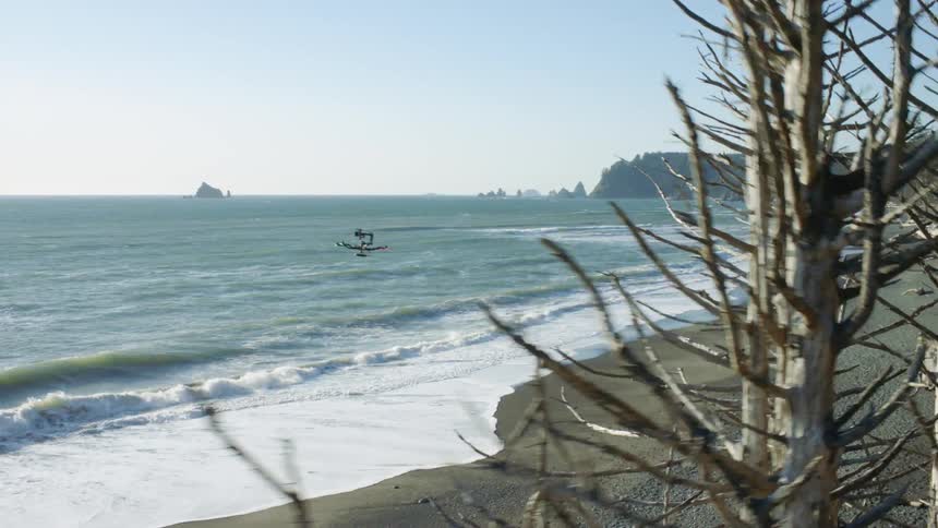 Landscape of a beach coastline with trees and a drone flying in the air during the day